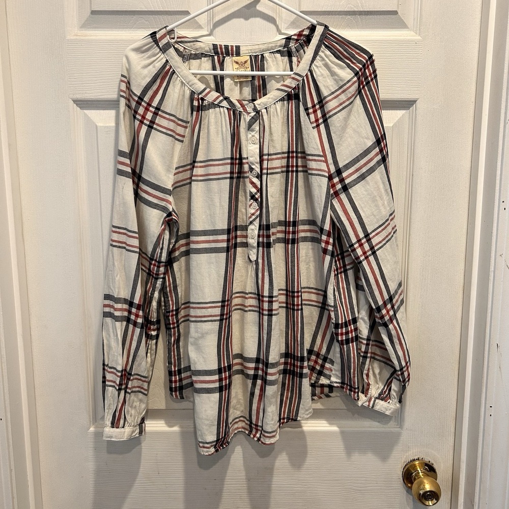 Faded Glory Womens Plaid Henley Blouse White Red Navy Blue Cotton Large Flannel